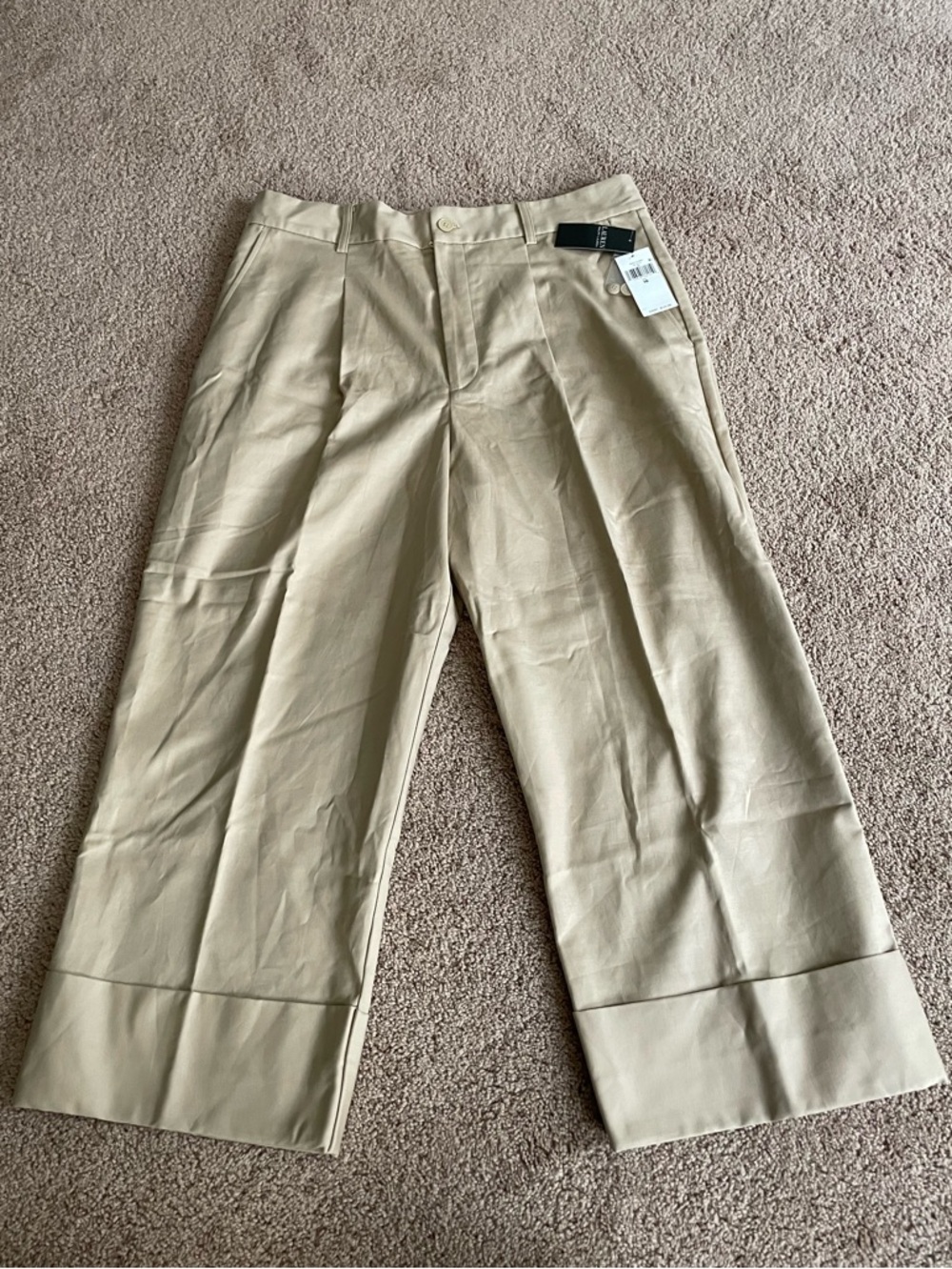 Lauren Ralph Lauren NWT Wide Leg Cropped Pants Tan Cuffed Hem Size 16